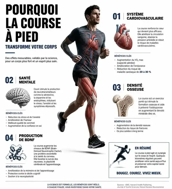 Infographie des bienfaits de la course à pied sur la santé physique et mentale