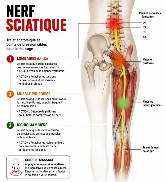 Schéma anatomique des zones cibles pour le massage du nerf sciatique