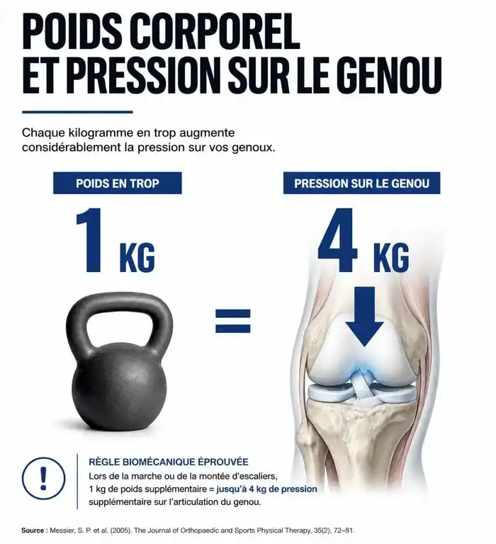 Infographie illustrant l'impact du poids sur les douleurs articulaires et la pression exercée sur les genoux