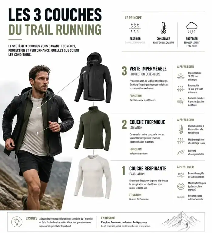 Infographie sur les trois couches de vêtements indispensables pour le trail running
