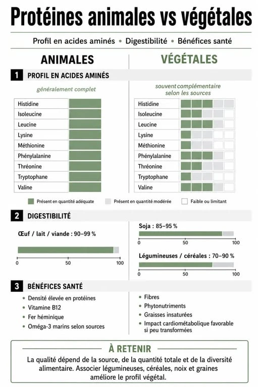 Infographie comparative des protéines végétales ou animales : différences nutritionnelles et santé