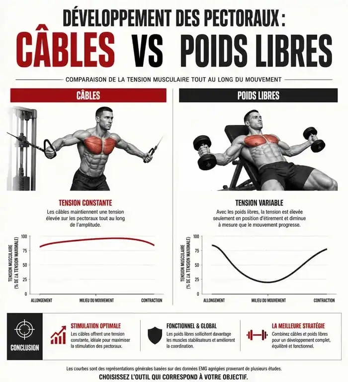 Comparatif visuel : entraînement des pectoraux à la poulie vs haltères