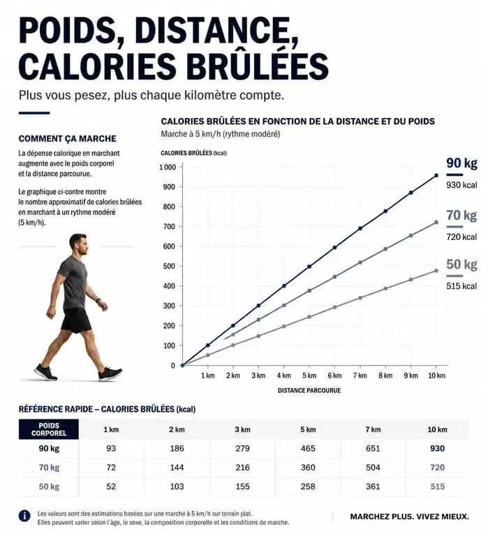 Infographie montrant la relation entre poids, distance de marche et calories brûlées pour maigrir