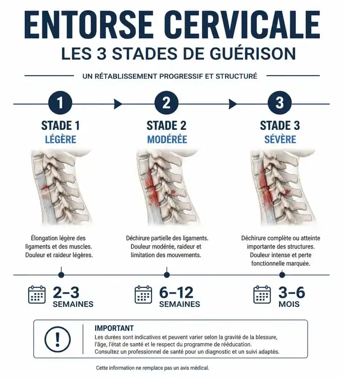 Infographie des délais de guérison d'une entorse cervicale selon la gravité de la lésion
