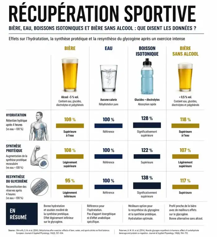 Infographie comparative des effets de la bière après le sport sur la récupération musculaire et l'hydratation