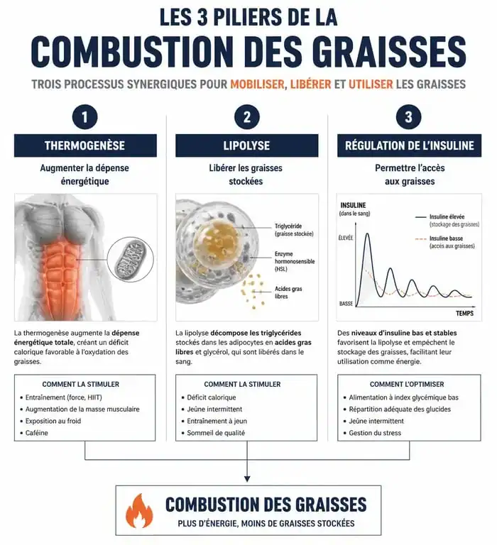 Infographie expliquant les mécanismes biologiques des aliments brûle-graisse et la thermogenèse