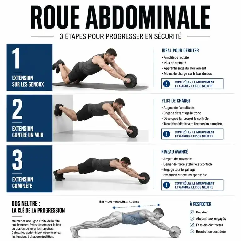 Infographie des étapes de progression pour l'exercice abdominaux roue abdominale