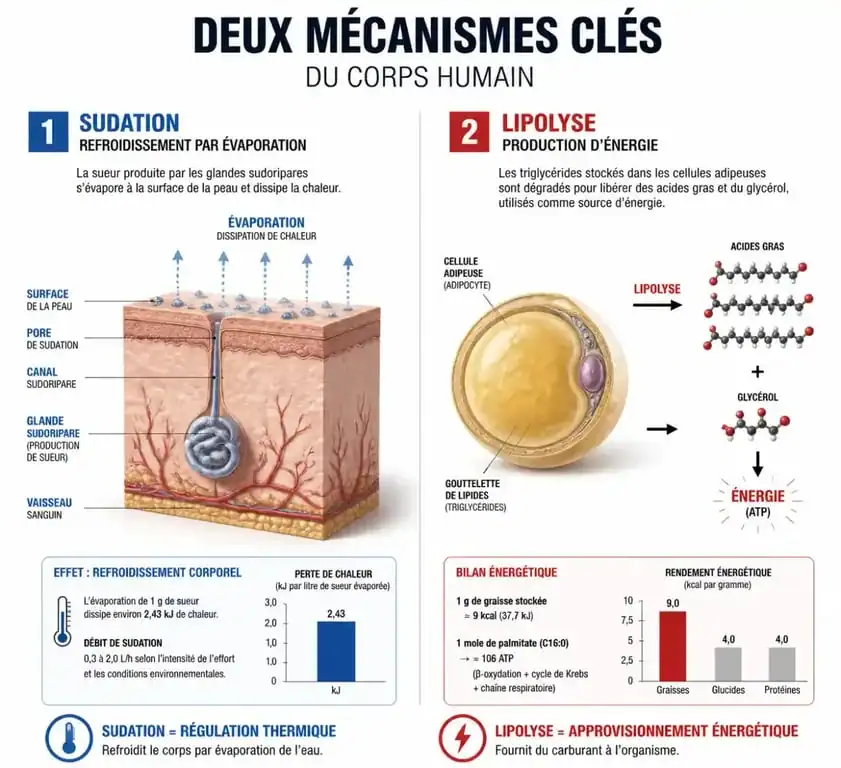 Infographie expliquant la différence entre la transpiration et la perte de graisse pour comprendre si transpirer fait maigrir