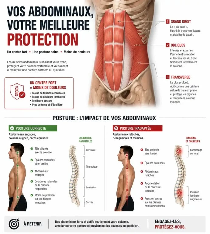 Schéma anatomique et conseils de posture pour réussir le défi des 100 abdos par jour sans se blesser