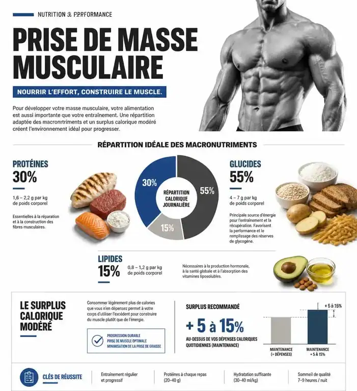 Infographie sur la répartition des macronutriments et le surplus calorique pour une prise de masse musculaire efficace