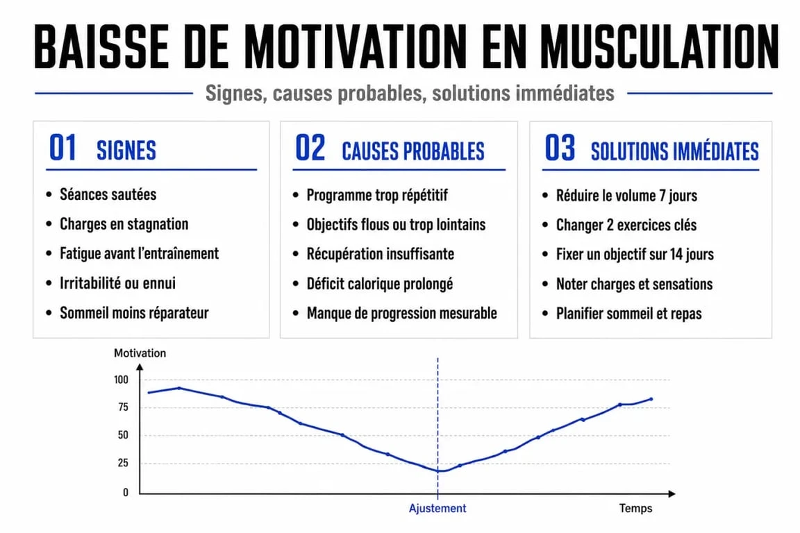 Infographie sur la motivation en musculation : signes, causes et solutions pour progresser.