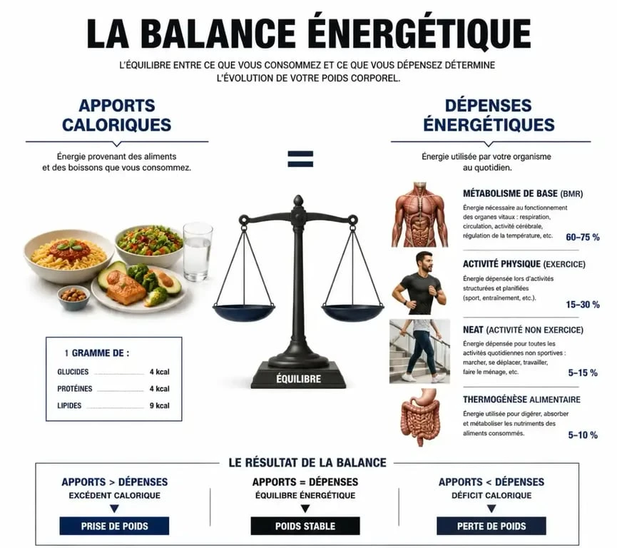 Schéma explicatif de la balance énergétique pour être en déficit calorique et perdre du poids sainement