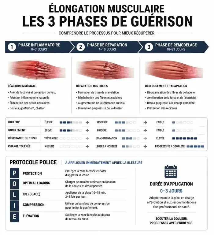 Infographie sur le temps de guérison et les phases de récupération d'une élongation musculaire