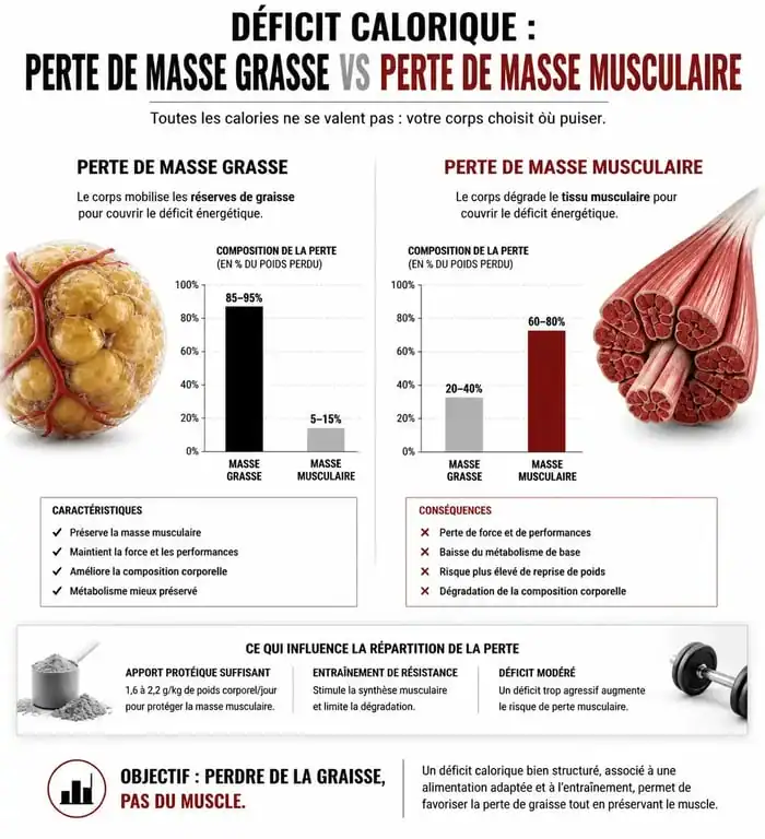 Infographie illustrant la différence entre la perte de graisse et la fonte musculaire lors d'un régime