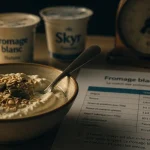 Fromage blanc protéiné, skyr : bol avec graines et flocons d’avoine