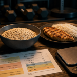 Nutrition pour la musculation : shaker et assiette poulet riz