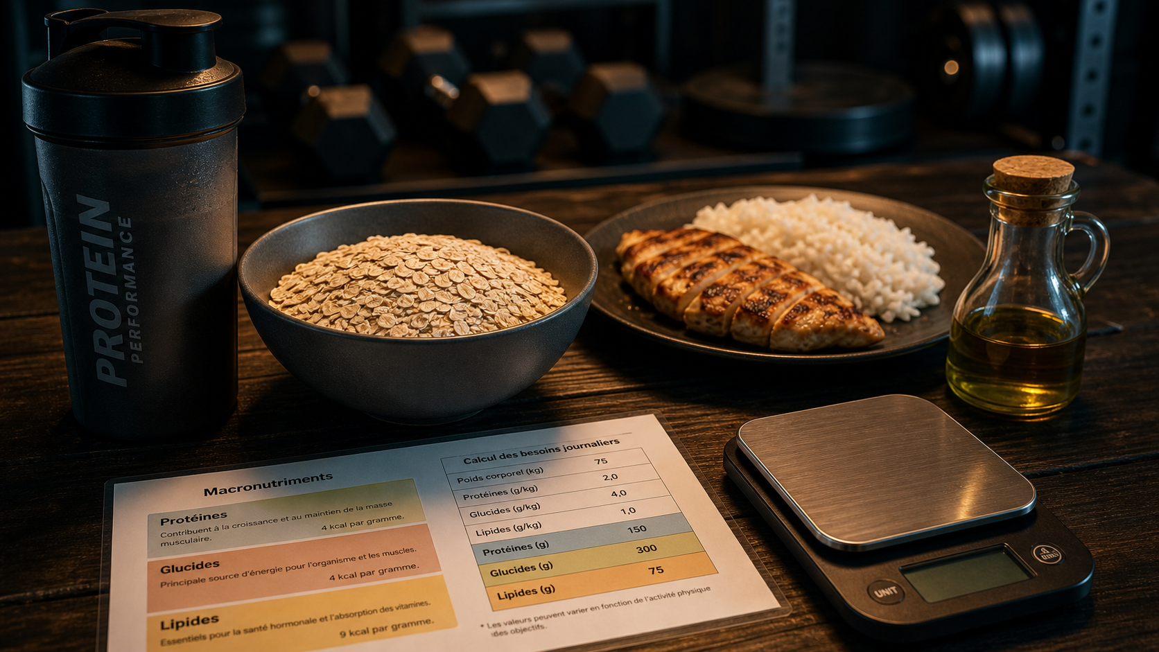 Nutrition pour la musculation : shaker et assiette poulet riz
