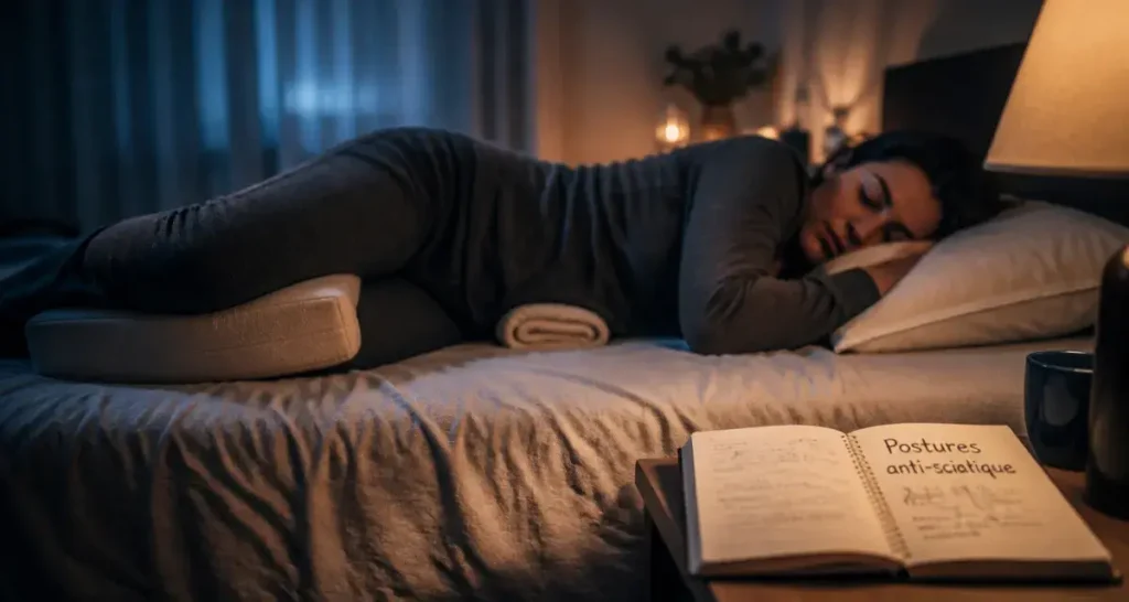 Position pour soulager sciatique : dormir sur le côté avec oreiller entre les genoux