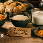 Protéines vegetales ou animales : bols lentilles corail et riz, et poulet en arrière-plan