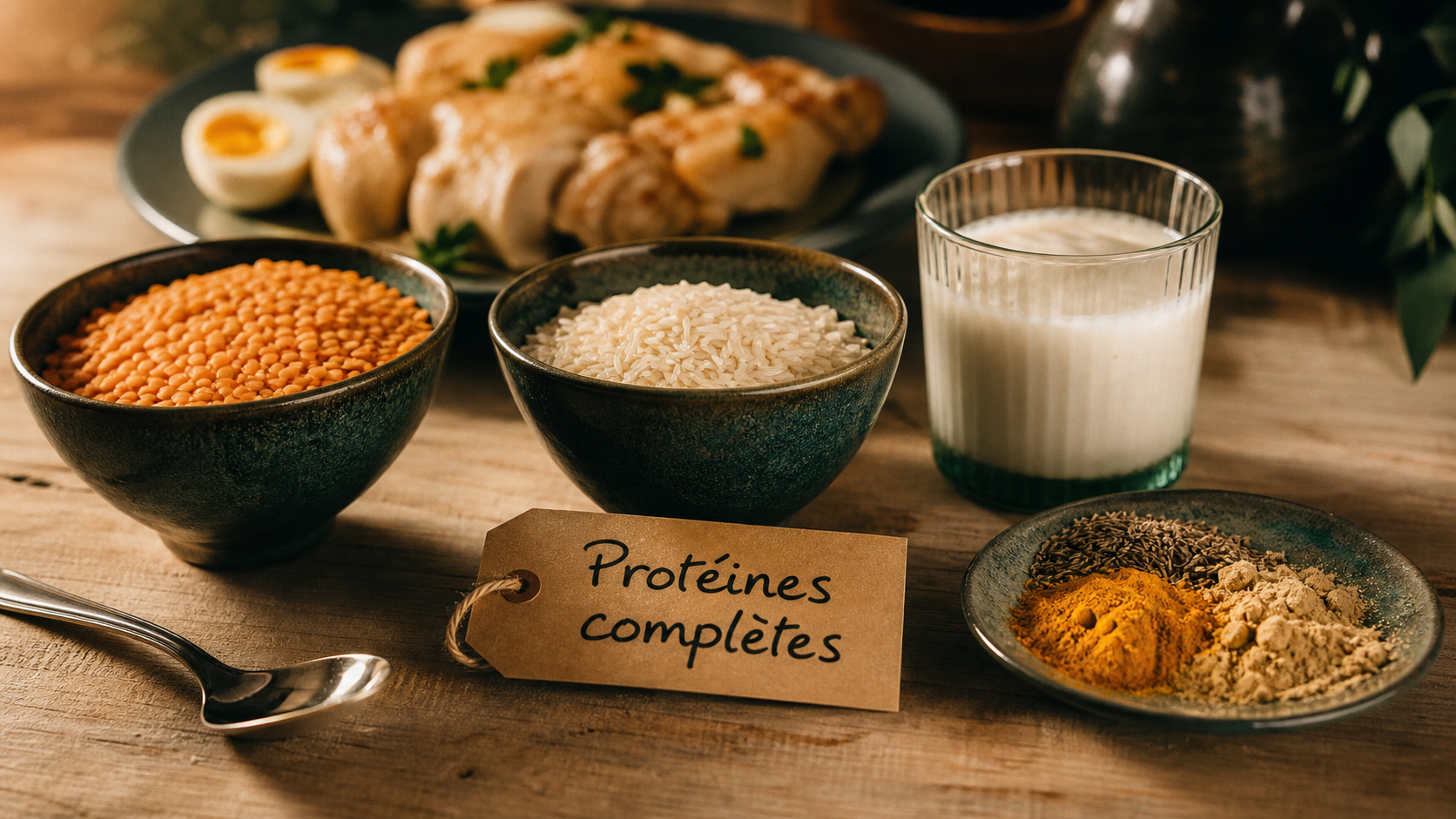 Protéines vegetales ou animales : bols lentilles corail et riz, et poulet en arrière-plan
