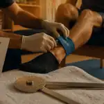 Rééducation kine : kinésithérapeute ajuste élastique pour cheville du patient