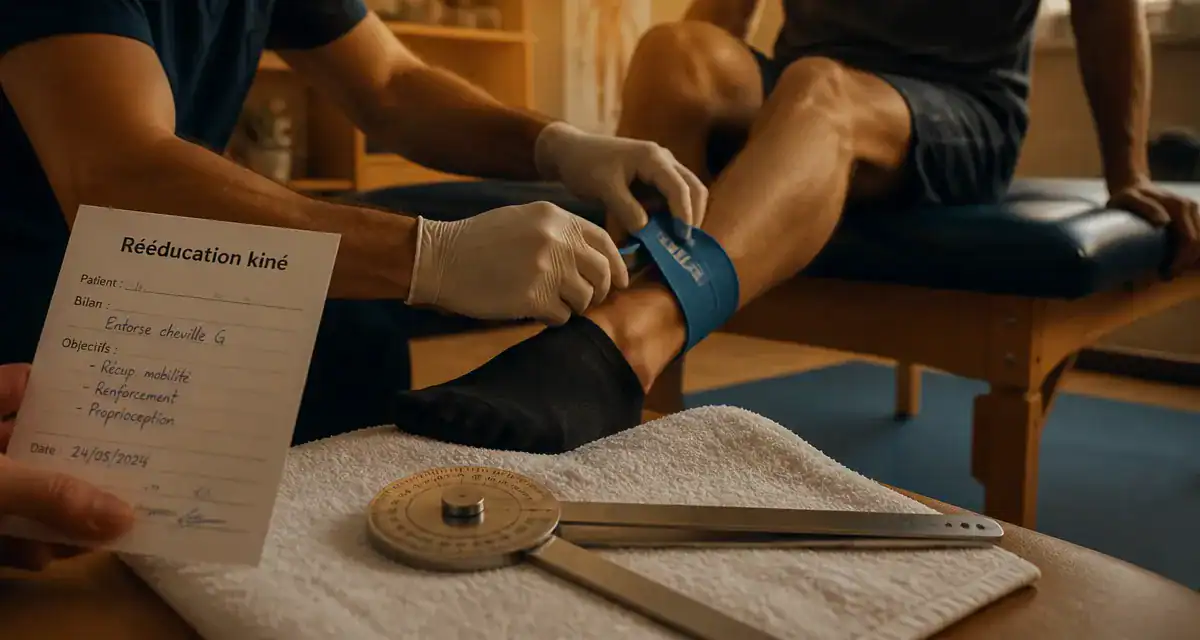 Rééducation kine : kinésithérapeute ajuste élastique pour cheville du patient
