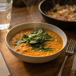 Repas riche en proteine : bol de dhal de lentilles corail fumant
