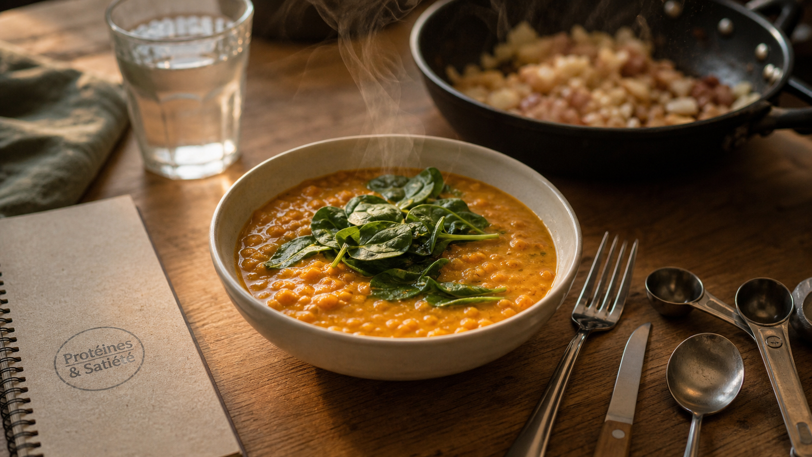 Repas riche en proteine : bol de dhal de lentilles corail fumant