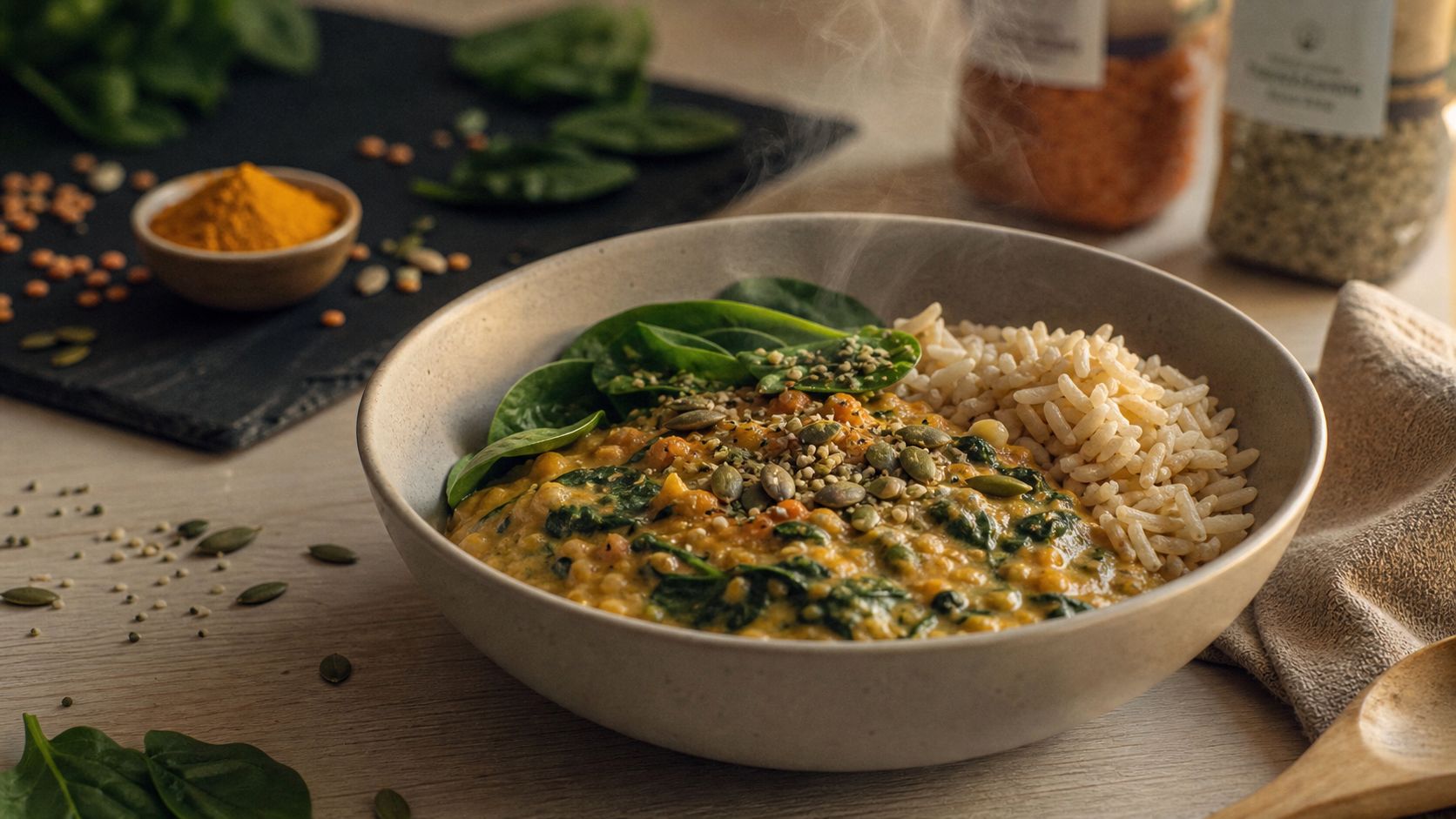 Sources de proteines vegetales : curry de lentilles corail et riz complet