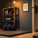 Accessoires muscu maison dans un salon : tapis, haltères, bandes élastiques, barre de traction