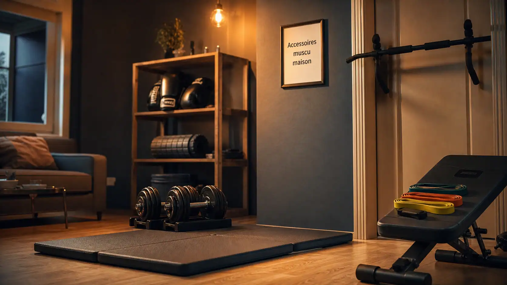 Accessoires muscu maison dans un salon : tapis, haltères, bandes élastiques, barre de traction