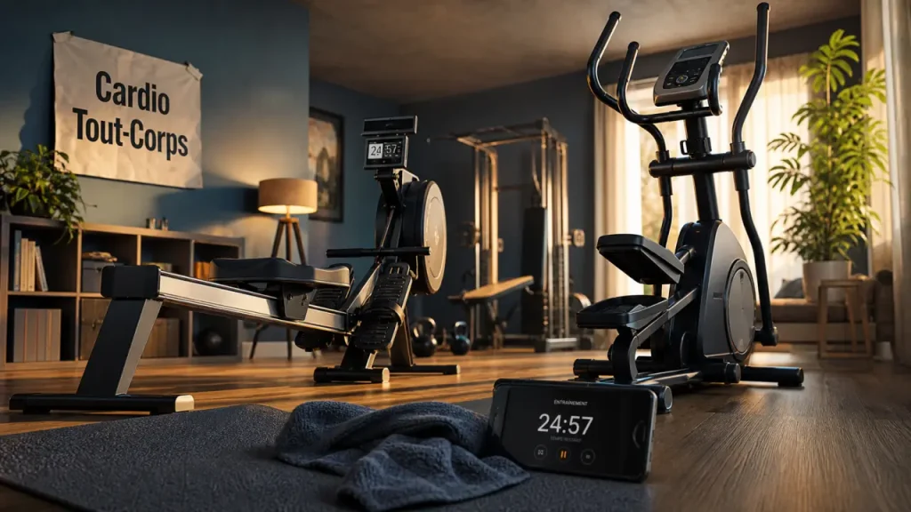Appareil de sport qui fait travailler tout le corps : rameur et vélo elliptique en intérieur
