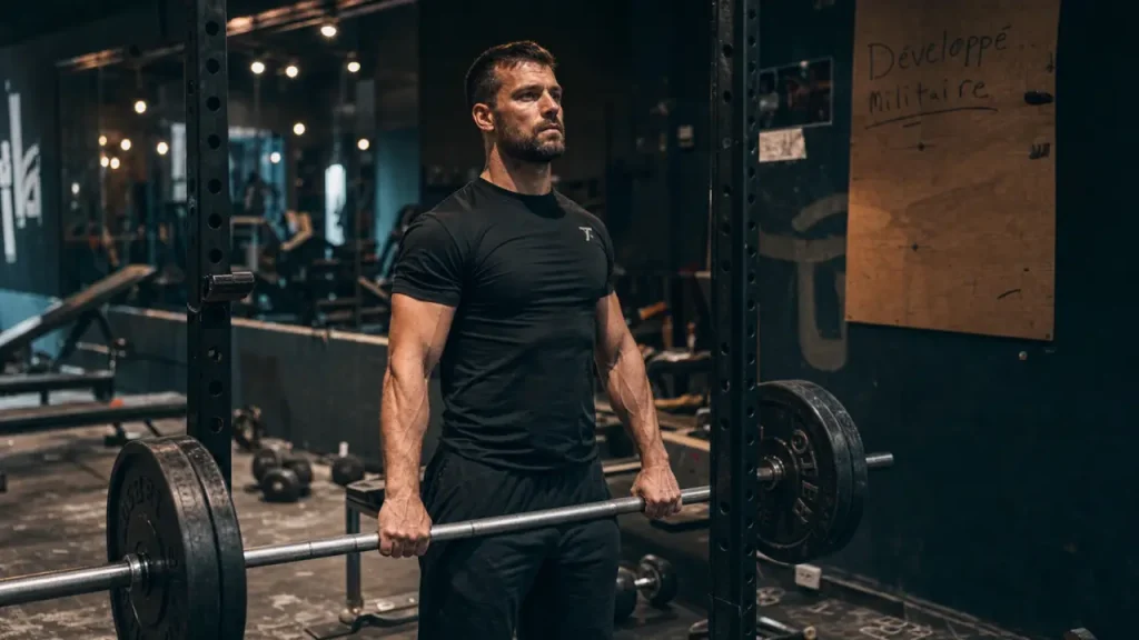 Développé militaire muscles sollicités : athlète en salle, prise pronation, barre chargée
