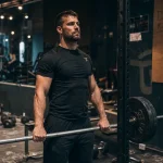 Développé militaire muscles sollicités : athlète en salle, prise pronation, barre chargée