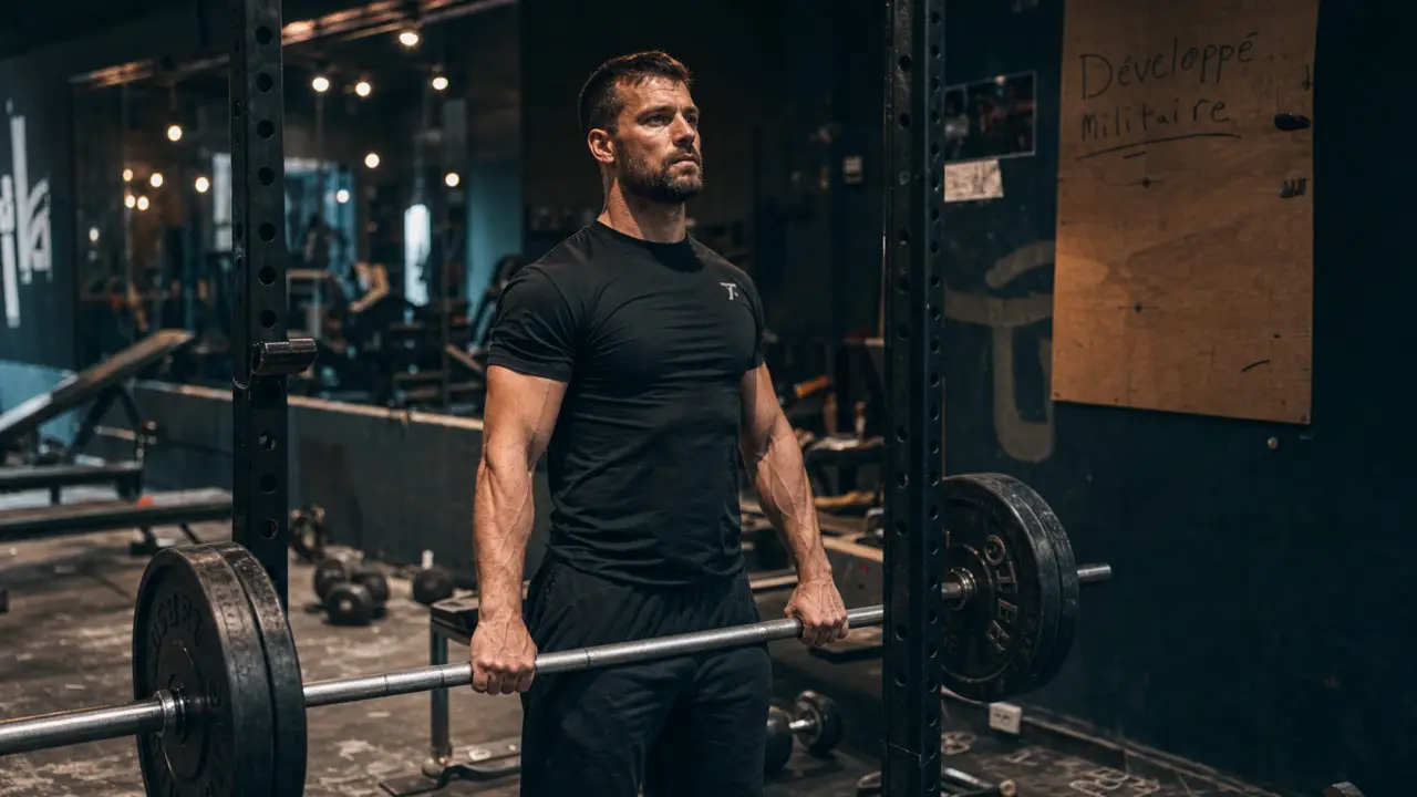 Développé militaire muscles sollicités : athlète en salle, prise pronation, barre chargée