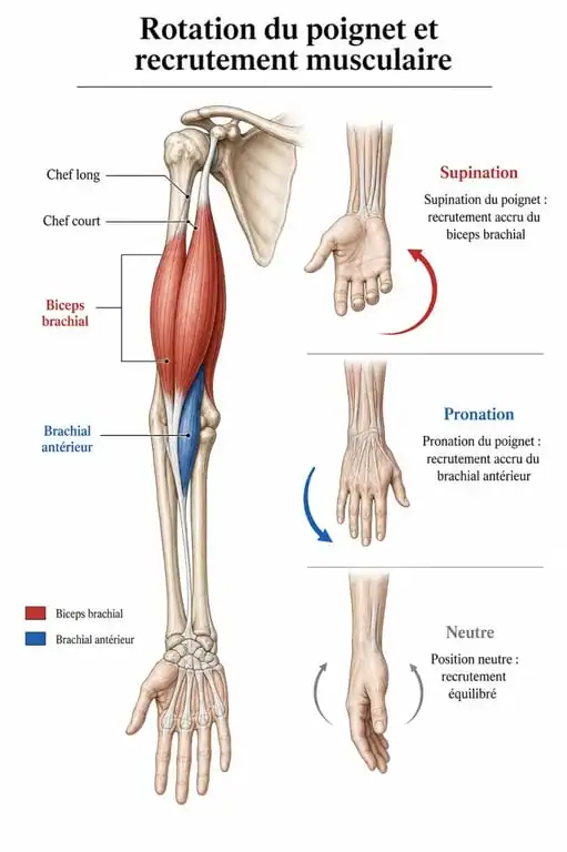 Schéma anatomique des muscles du bras pour l'exercice bicep avec haltère