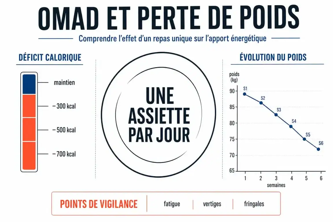 Infographie sur 1 repas par jour combien de kilos perdus selon le déficit calorique et les risques