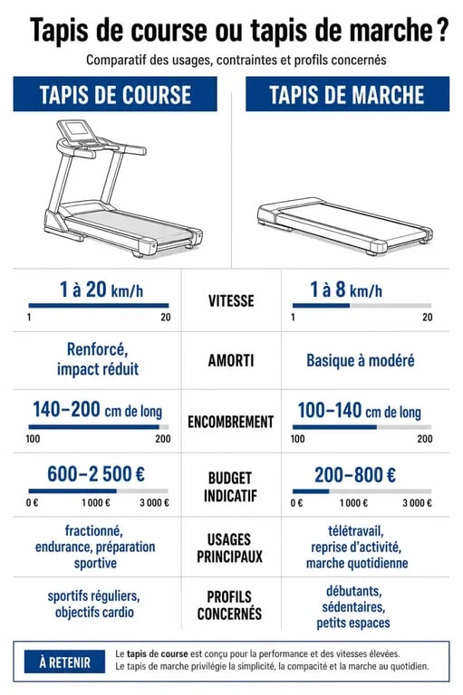 Comparatif tapis de course ou marche : vitesse, amorti, encombrement et budget