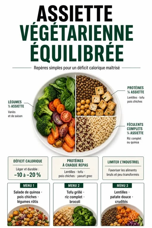 Régime végétarien pour perdre 10 kilos : visuel éditorial d'une assiette équilibrée, des protéines végétales et du déficit calorique