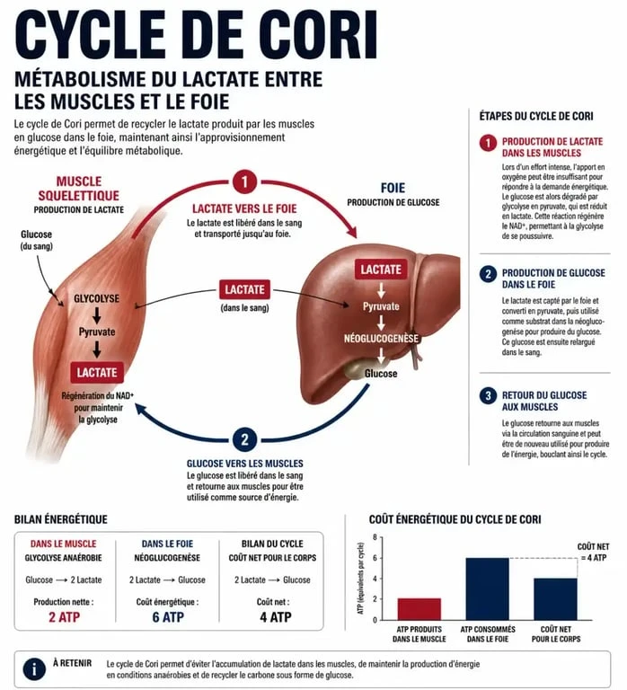 Schéma explicatif du cycle de Cori et du rôle du lactate dans l'acide lactique et sport