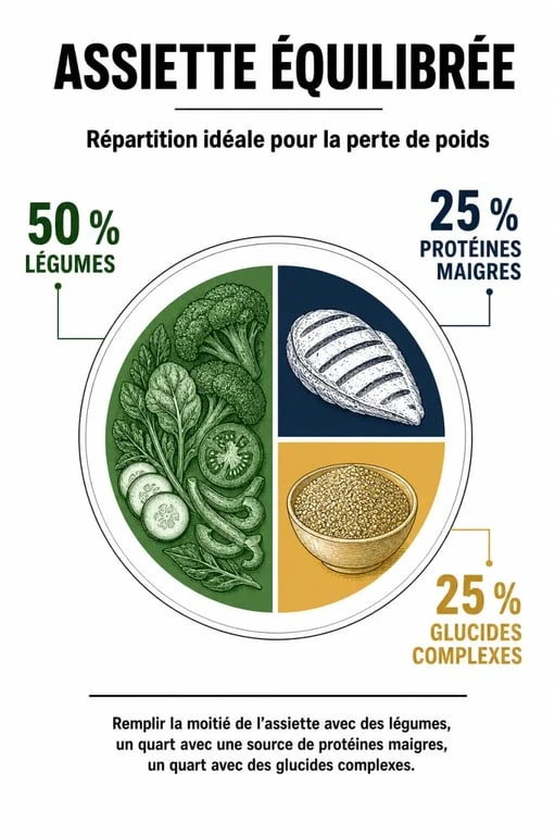 Infographie de la composition d'une assiette équilibrée pour un plan alimentaire pour perte de poids