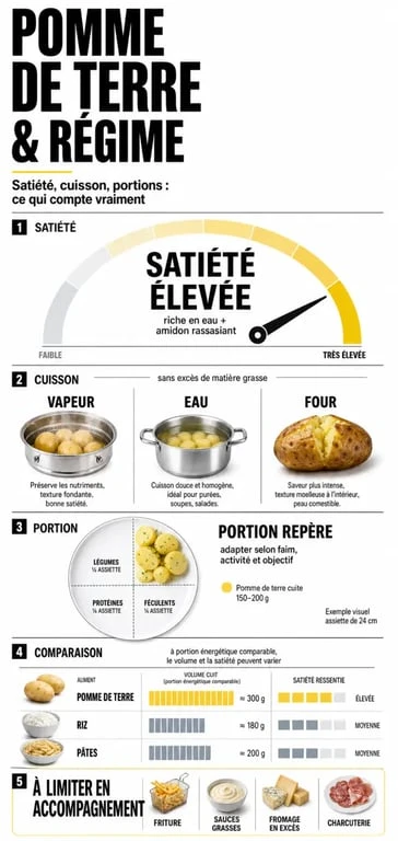 Régime au pomme de terre : infographie sur la satiété, les cuissons et les portions à privilégier