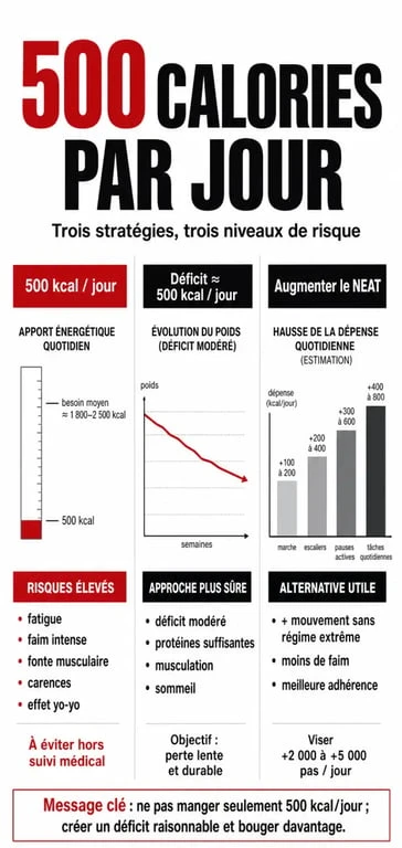 500 calories par jour : comparaison visuelle des risques et des alternatives plus sûres