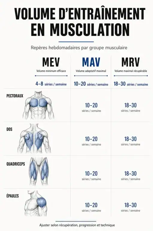 Infographie sur le nombre de séries par muscle par semaine pour la musculation