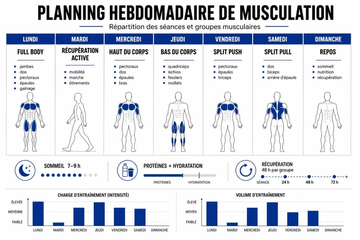 Programme musculation pour une semaine avec planning hebdomadaire sur 7 jours et répartition des groupes musculaires