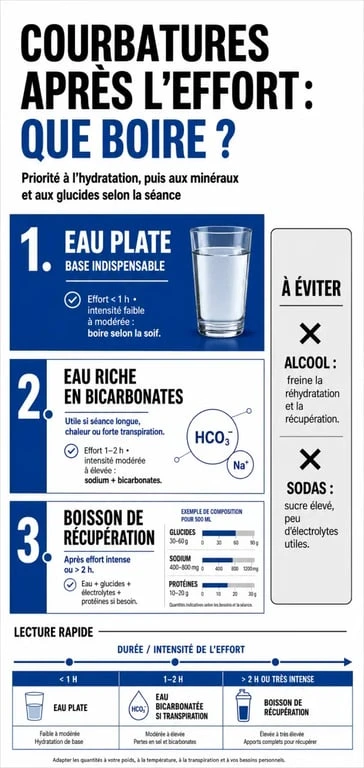 Que boire contre les courbatures : eau, eau bicarbonatée et boisson de récupération selon l’effort