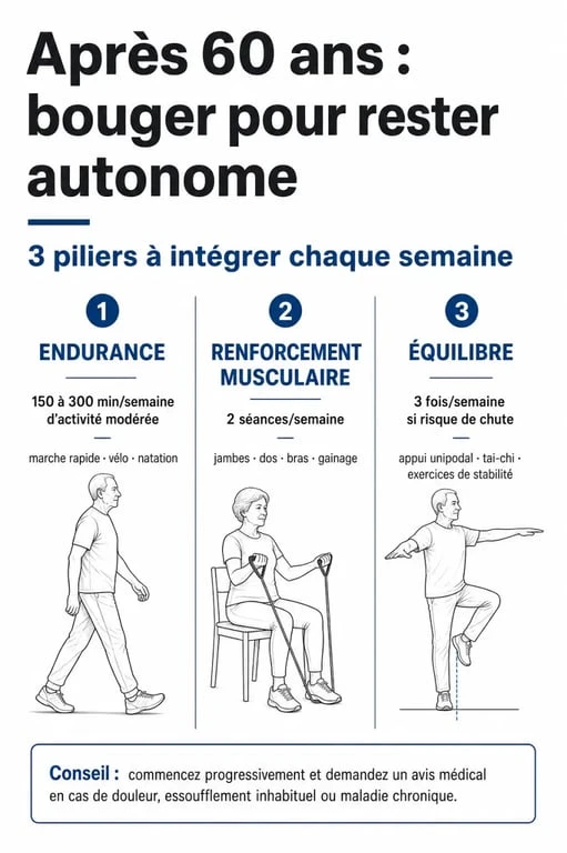 Infographie des recommandations d'activité physique et sport après 60 ans pour rester en bonne santé
