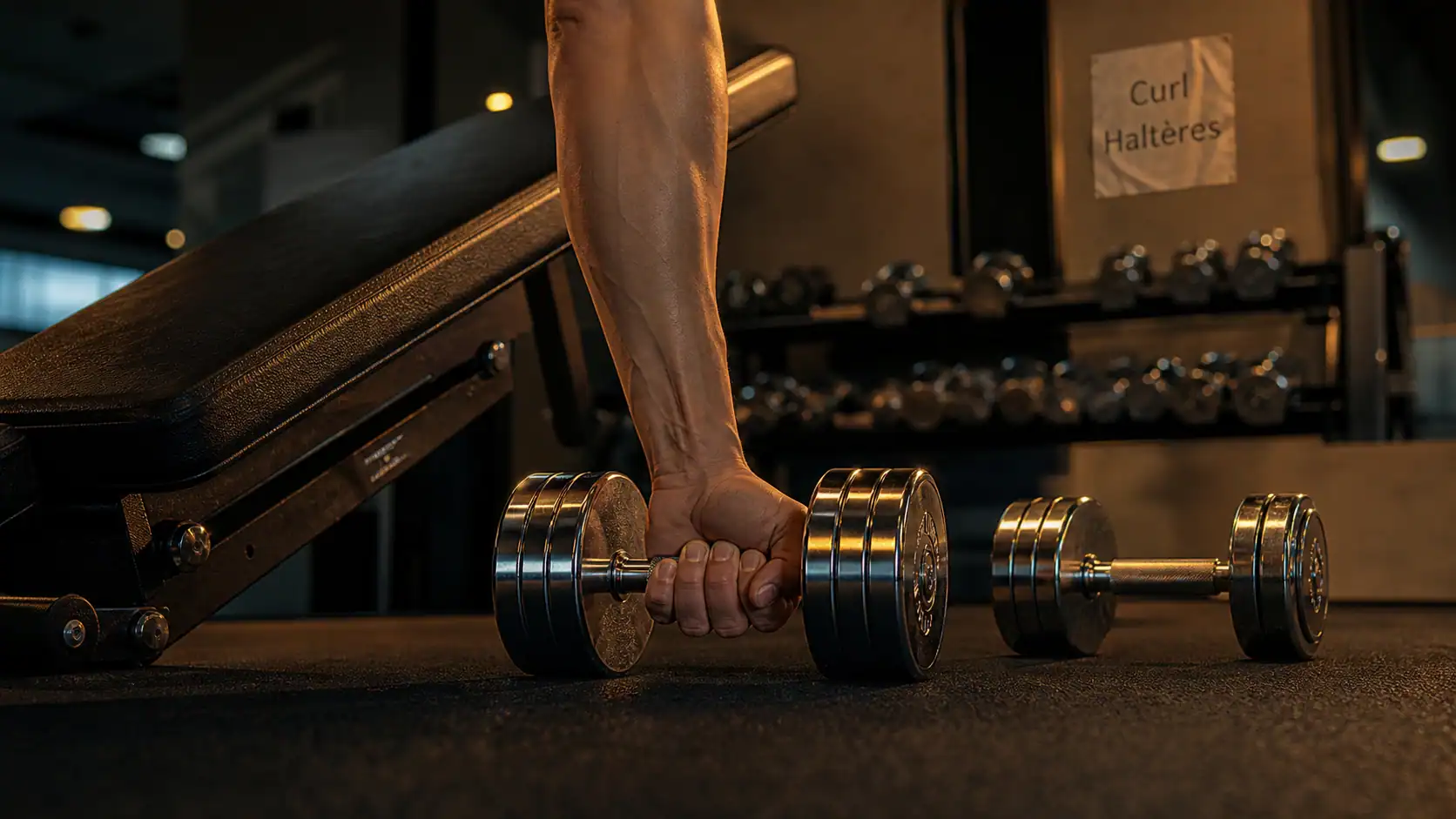 Exercice bicep avec haltere : curl haltères banc incliné