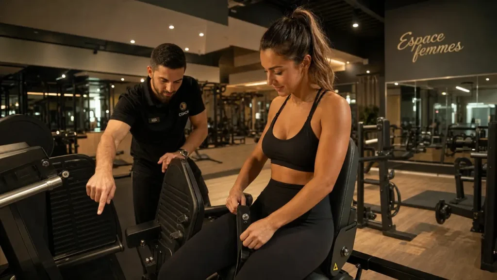 Femme salle de sport ajustant une machine, avec un coach pour la sécurité