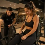 Femme salle de sport ajustant une machine, avec un coach pour la sécurité
